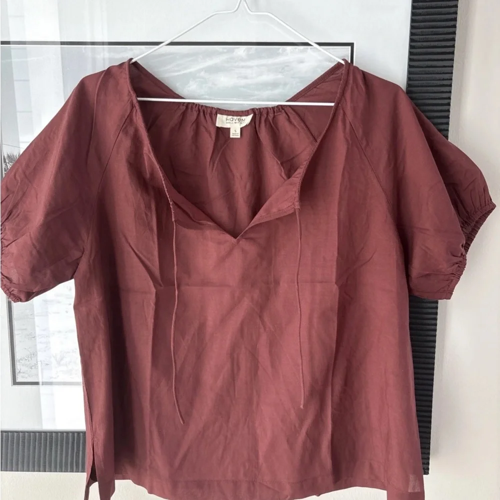 Haven Well Within Cotton Voile Blend Gathered Scoop Neck Top Small Deep Garnet - Picture 2 of 8